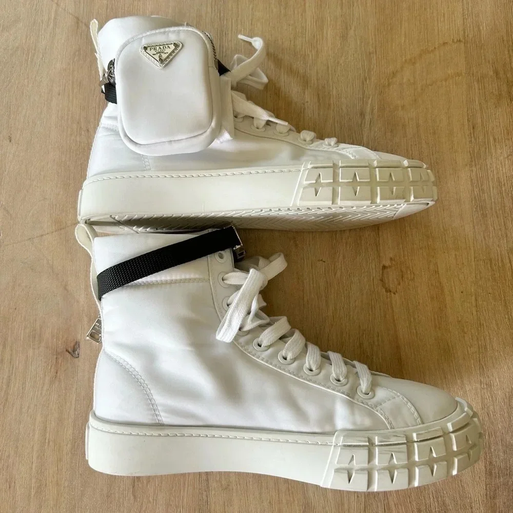 Authentic Prada Wheel Zipped-Pouch High Top Re-Nylon Trainers in White